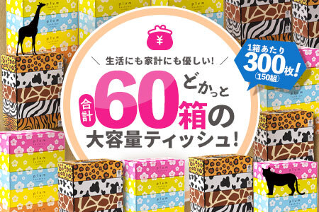 【ふるさと納税】 ティッシュペーパー 60箱「 大容量 プラムファッション＆ANIMAL BOXティッシュ 限定セット 各柄30箱×2 (1箱150組) 」 [ ティッシュ 常備品 生活用品 まとめ買