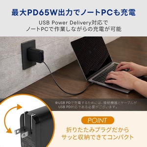 Owltech(オウルテック) 最大65W出力 USB Type-C×1 USB Type-C巻取りケーブル内蔵 AC充電器　OEC-APD65C2RG-BK ブラック【 神奈川県 海老名市 】
