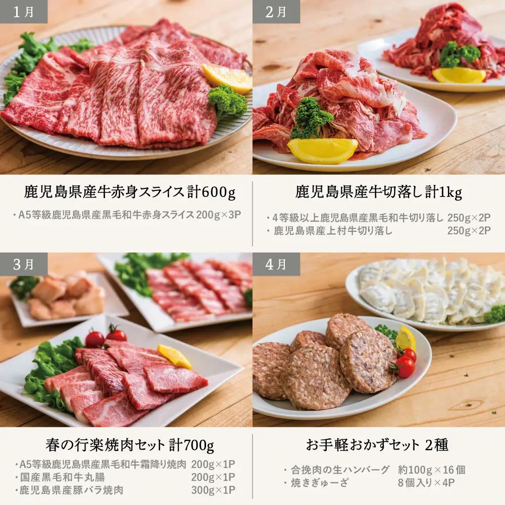 情熱牧場 鹿児島県産お肉の定期便 スタンダードコース（全12回） お肉 ステーキ すき焼き しゃぶしゃぶ 焼肉 BBQ おかず 煮込 角煮 ハンバーグ 餃子 A5等級 黒毛和牛 牛肉 豚肉 スライス 