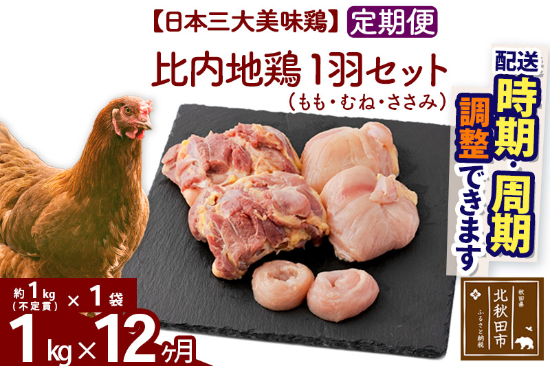 《定期便12ヶ月》 比内地鶏 1羽セット（もも・むね・ささみ） 約1kg（約1kg（不定貫）×1袋）×12回 計12kg 【選べる配送時期】