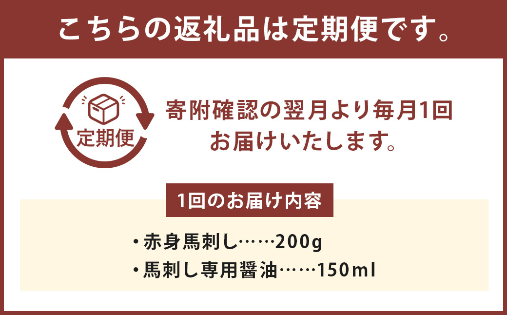 【定期便6回】赤身馬刺し 約200g (専用醤油付き 150ml×1本) 合計1.2kg