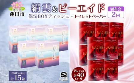 保湿ティッシュ絹雲ボックスティッシュ河野製紙保湿ティッシュ【130組×15箱＋40ロール】【頒布会2回】