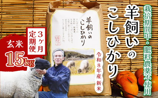 コシヒカリ【3か月定期便】《農薬・肥料：栽培期間中不使用》瀬戸内三原 羊飼いのこしひかり 玄米 15kg×3回  瀬戸内ビオファーム お米 こめ ご飯 002032