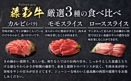 肉 藤彩牛 厳選3種の食べ比べ カルビ バラ モモスライス ローススライス 計 600g 各 200g 道の駅竜北  熊本県 氷川町 肉 牛肉 バラ カルビ 焼肉 ロース スライス モモ 黒毛和牛 ふ