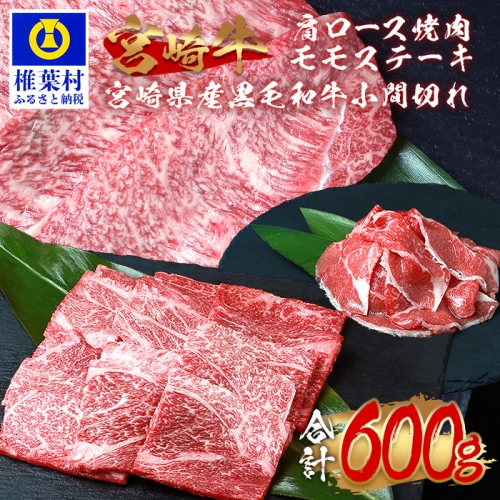 受賞歴多数!! 宮崎牛 肩ロース焼肉「300g」モモステーキ「100g×2」＆宮崎県産黒毛和牛小間切れ「100g×1」【合計600g】