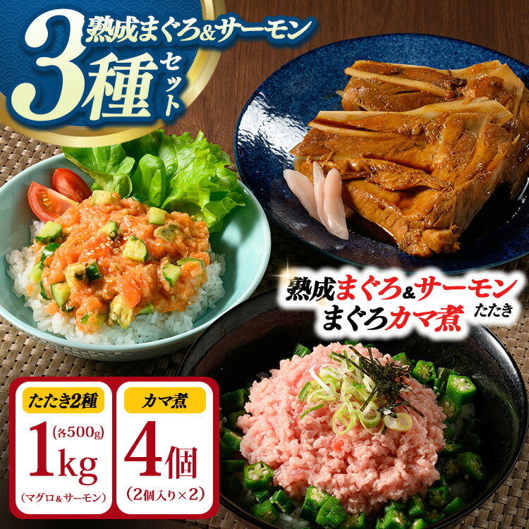 【ふるさと納税】【県水の熟成まぐろ】漁師作りプレミアム、熟成サーモンたたき、まぐろカマ煮詰め合わせセット（まぐろたたき、サーモンたたき各500g×1、まぐろカマ煮2個入り×2） | 鮪 まぐろ たたき メバチ キハダ 寿司 海鮮 小分け ※北海道・沖縄・離島への配送不可