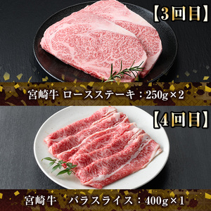 【定期便・全6回(連続)】宮崎牛定期便＜Bセット＞お楽しみ 牛肉 国産 定期 ヒレ肉 ひれにく モモ ウデ ロース バラ スライス 宮崎県産 黒毛和牛 小間切れ 焼肉 ステーキ しゃぶしゃぶ すき焼き