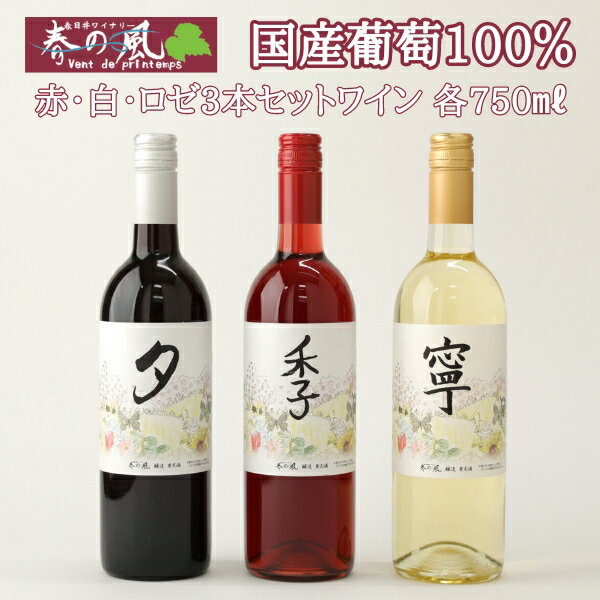 【ふるさと納税】春日井ワイナリ−春の風 赤・白・ロゼ3本セットワイン 各750ml　　ワイン　飲み比べ　赤　白　ロゼ　ギフト　贈り物　国産　ブドウ　葡萄　食事に合う