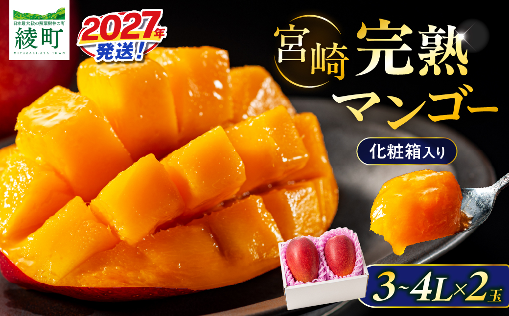 先行予約 完熟マンゴー 3～4L×2玉（化粧箱）マンゴー 宮崎 果物 フルーツ くだもの 2027年 国産 高級 マンゴージュース 南国フルーツ おすすめ デザート ギフト 贈り物 プレゼント 贈答 
