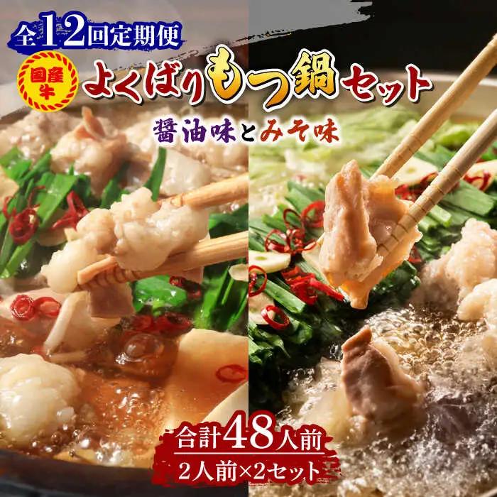 【全12回定期便】国産牛 もつ鍋 セット 醤油味2人前&みそ味2人前（計4人前）米粉麺 [ABCJ140]
