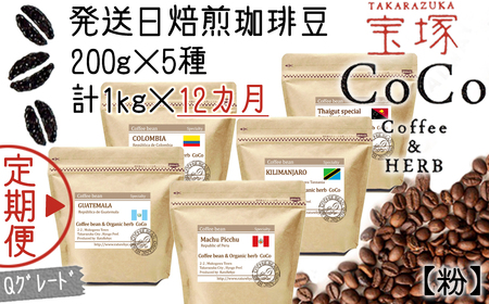 【宝塚】12ヶ月の定期便（当日自家焙煎珈琲豆5種類）Qグレード【粉】