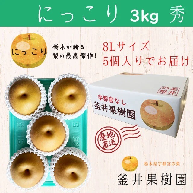 
            にっこり 3kg 5玉 ｜ 栃木県産 宇都宮市 梨 なし にっこり フルーツ 果物 ※離島への配送不可 ※2025年10月上旬頃より順次発送予定
          