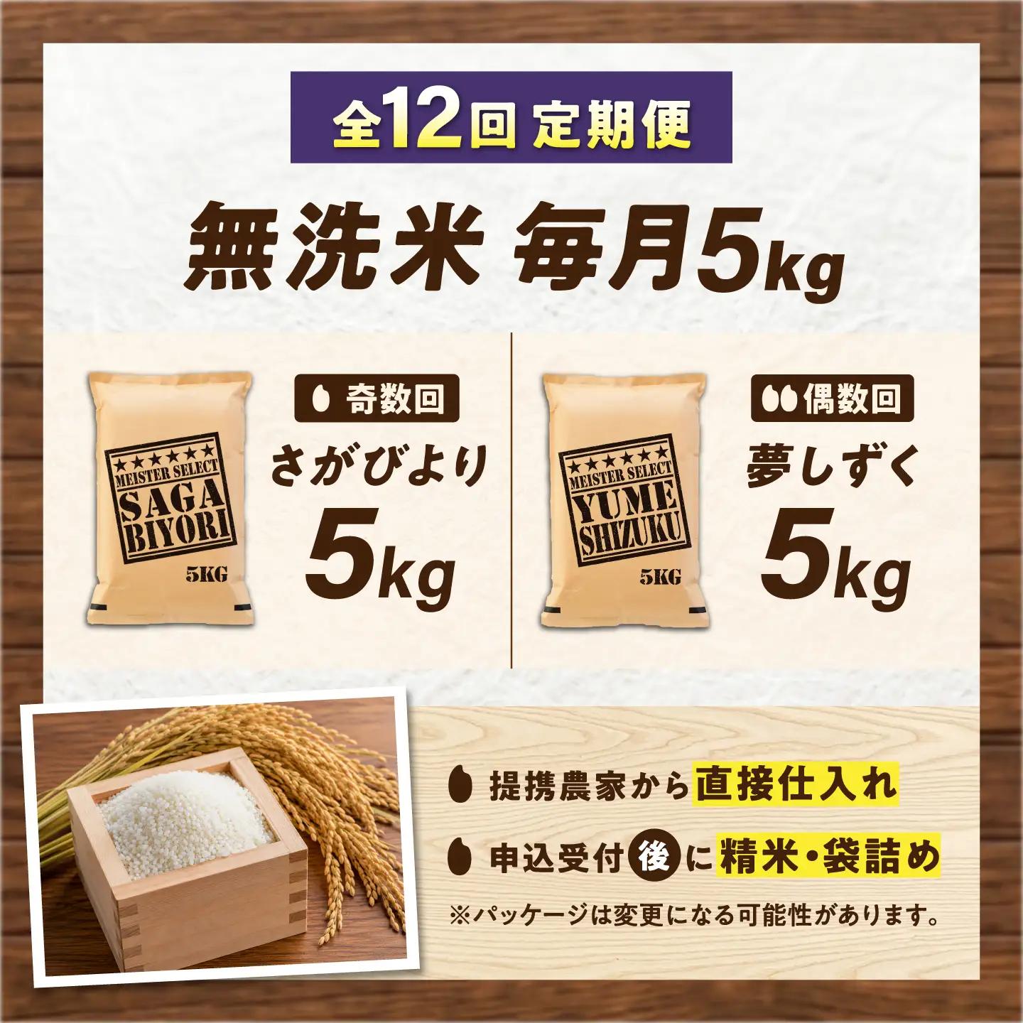 【12回定期便】 無洗米 毎月 5kg （さがびより・夢しずく交互お届け） 無洗米 お米 白米 精米 佐賀県産 米 /大塚米穀店[UFE022]