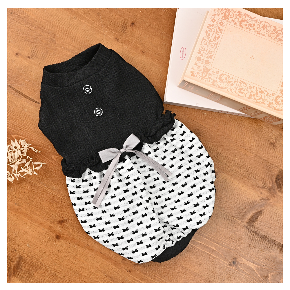 リボンバルーンモノトーンワンピース (M) 小型犬ドッグウェア ケーブル×リボン柄 【ココアトワ(cocoAtoi)】