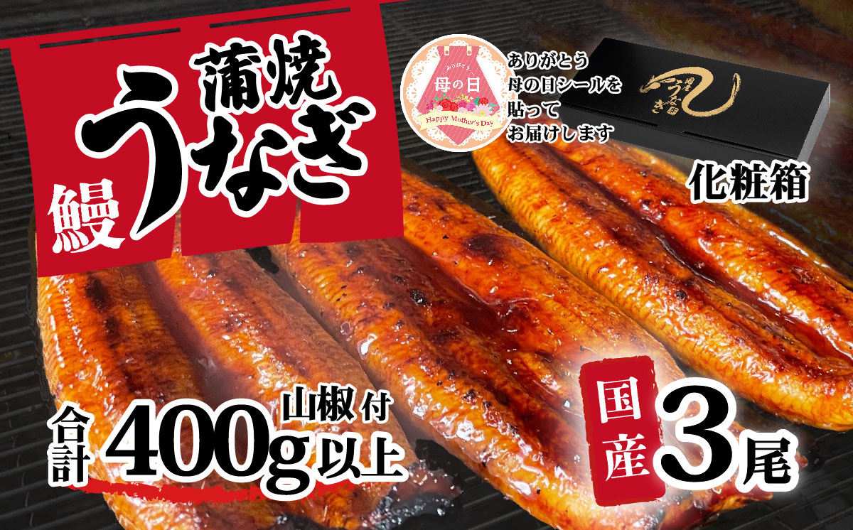【 母の日ギフト 】【化粧箱入り】【 訳アリ 】 国産うなぎ 蒲焼き 3尾 セット ( 400g ) 大きさ の不揃い タレ・山椒付き ウナギ 鰻 ふぞろい 不揃い うな重 ひつまぶし 人気 茨城 八千代町 ふるさと納税 冷凍 母の日 ギフト 化粧箱