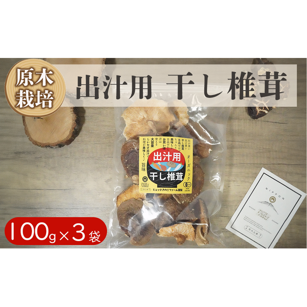 宮崎県産 乾燥 椎茸 100g×3袋 チャック袋入 [ HUTTE 宮崎県 美郷町 31ao0014] 干ししいたけ 出汁 オーガニック 原木栽培 有機JAS認証 大容量 料理 調理 常温 渡川 アヒージョ 煮物 煮付け おかず おこわ 鍋 みそ汁 炒め物 うどん そば スープ パスタ リゾット 春巻き 数量限定