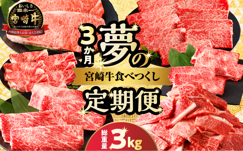 ≪3か月定期便≫夢の宮崎牛食べつくしセット(総重量3kg) 肉 牛 牛肉 おかず 国産_T030-1423