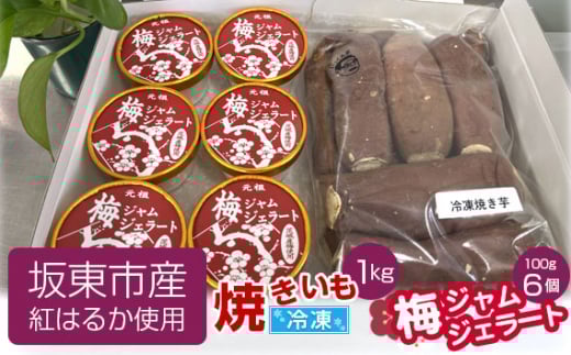 No.533 坂東市産　冷凍焼きいも（紅はるか）1kgと梅ジャムジェラート100g×6個 ／ さつまいも ねっとり ウメ アイス 茨城県
