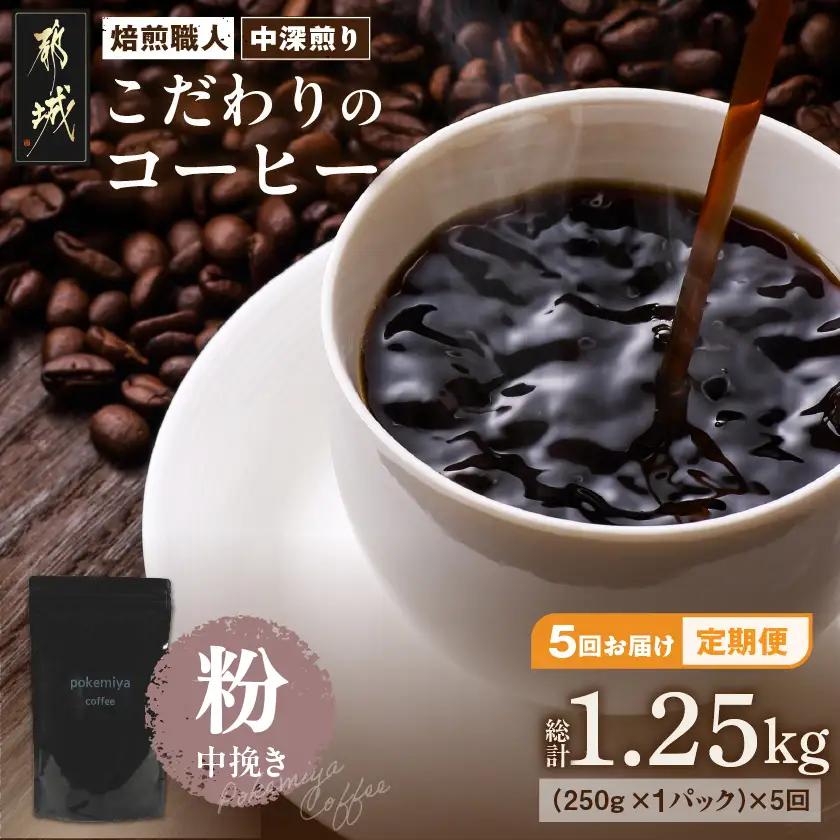 5回お届け!焙煎職人こだわりのコーヒー定期便【粉】250g 小分けパック(ジッパー・バルブ付) ※中深煎り※ポスト投函〔TLA5-3301〕_(都城市) 毎月