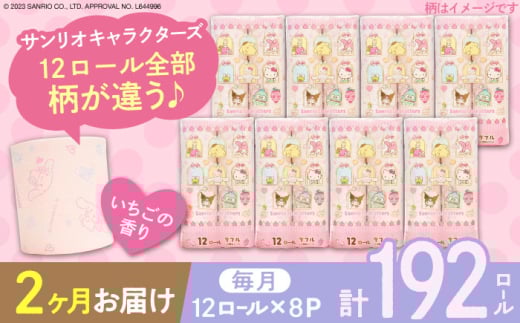【全2回定期便】トイレットペーパー サンリオ ダブル 25m 12ロール×8パック《豊前市》【大分製紙】プリント キャラクター [VAA089]