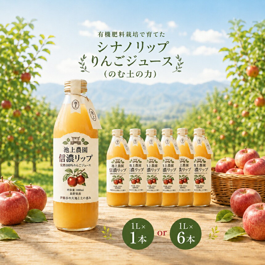 【ふるさと納税】 りんごジュース シナノリップジュース のむ土の力 【選べる】1L×1本 or1L×6本 池上りんご農園 ｜ 有機肥料栽培 原料 使用 長野県 伊那市 信州 人気 美味しい りんご 林檎 シナノリップ フルーツ 果物 ジュース 飲料 農園【005-07】【013-65】