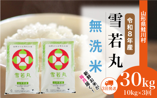 ＜令和8年産米＞ 令和9年2月下旬より発送  雪若丸【無洗米】30kg定期便 (10kg×3回） 山形県鮭川村