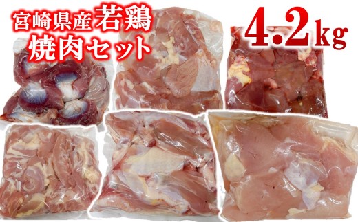 宮崎県産若鶏 6種 4.2kg 小分け もも肉  砂肝 手羽中ハーフ等々6種 小分け 15パック＜1.8-32＞とり肉 国産 真空パック 切身 切り身モモ肉 肝 レバー 砂肝 せせり チキンスティック 肩肉