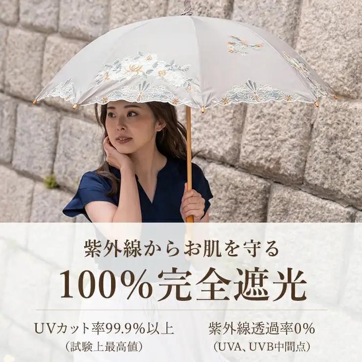 【シノワズリーモダン京都】優雅刺繍かわず張り長日傘 花鳥 ホワイト｜京都 日傘ブランド おしゃれ 人気