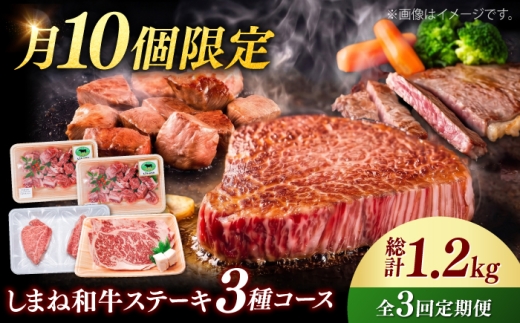 【月10個限定】【全3回定期便】しまね和牛＜ステーキ3種コース/計1.2kg＞ 毎月違う部位が届く 各400g（シャトーブリアン・サイコロステーキ・サーロインステーキ） 島根県雲南市/有限会社宮本食肉店 [AIDQ009] セット 詰め合わせ 和牛 しゃとーぶりあん chateaubriand ヒレ ステーキ 赤身 フィレ ヒレ しゃとーぶりあん 牛肉 シャトーブリアン ヒレ肉 シャトーブリアン