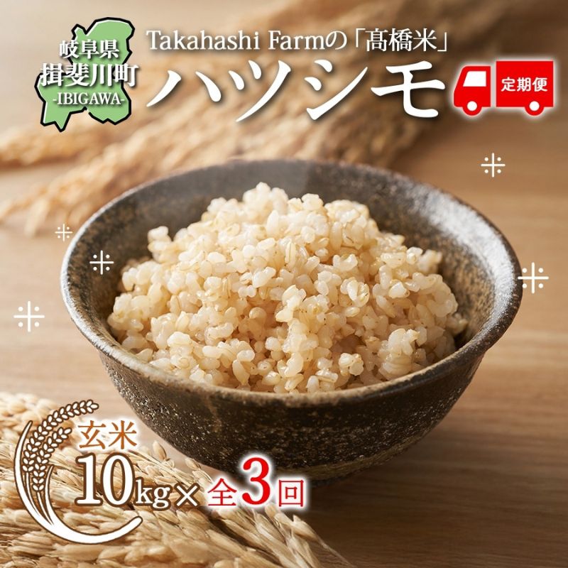 【ふるさと納税】全3回お届け定期便 岐阜県 揖斐川町産 ハツシモ「高橋米」玄米 10kg×1袋 お米 玄米 ご飯 はつしも ブランド米 大粒米 炊飯 冷めても美味しい お弁当 ライス 主食 ふっくら お取り寄せ 送料無料　お届け：2025年11月より順次発送
