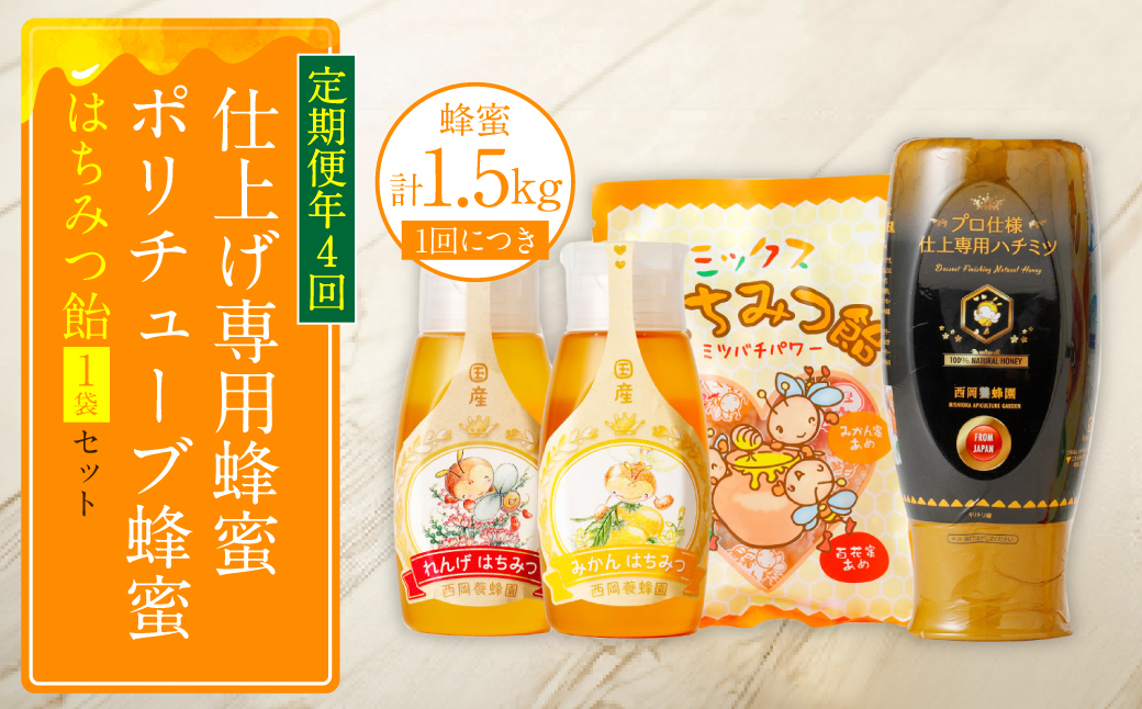 
【定期便 年4回】仕上げ専用蜂蜜 ポリチューブ蜂蜜2本 蜂蜜あめ袋セット
