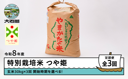 【先行予約】 【玄米3回定期便】 新米 米 つや姫 30kg 玄米 令和8年産 特別栽培米 2026年11月・2027年2月・2027年5月発送 ※沖縄・離島への配送不可 ja-tsgxb30x3-tkk11to5