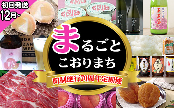 
            No.249 【献上桃の郷桑折町町制施行70周年定期便】まるごとこおりまち（初回発送12月～） ／ コシヒカリ 味噌 調味料セット 桃 桃ふく 至福の桃ソルベ ロイヤルピーチポーク あんぽ柿 日本酒 甘酒 クラフトビール 福島県 特産品
          
