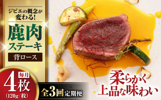 【全3回定期便】鹿肉 背ロース 120g×4枚 《喜茂別町》【EBIJIN】 ジビエ 鹿 ロース ステーキ ステーキ用 赤身 冷凍 冷凍配送 北海道 [AJAO037] 60000 60000円