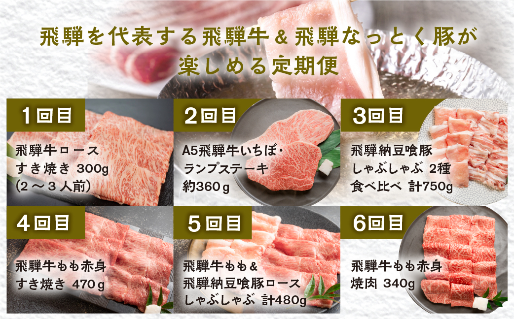 【定期便6回】 飛騨牛＆なっとく豚 ブランド肉 定期便 6回 牛肉 豚肉 (ステーキ / すき焼き / しゃぶしゃぶ / 焼き肉) カルビ イチボ お楽しみ 下呂温泉 おすすめ ブランド【tc2】