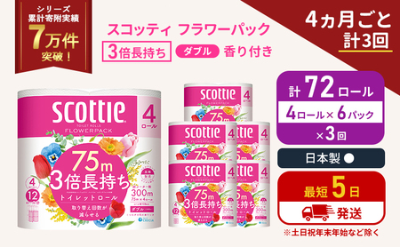 定期便 トイレットペーパー ダブル スコッティ 3倍長持ち 4ロール入 × 6パック フラワーパック 香り付き 《 4ヶ月ごと 計  3回 》