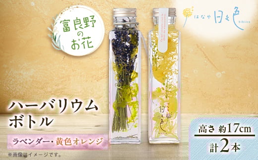 
            ＜ギフト＞富良野のお花 ハーバリウムボトル〈高さ約17cm〉 2本セット(ラベンダー、黄色オレンジ)【1552163】
          
