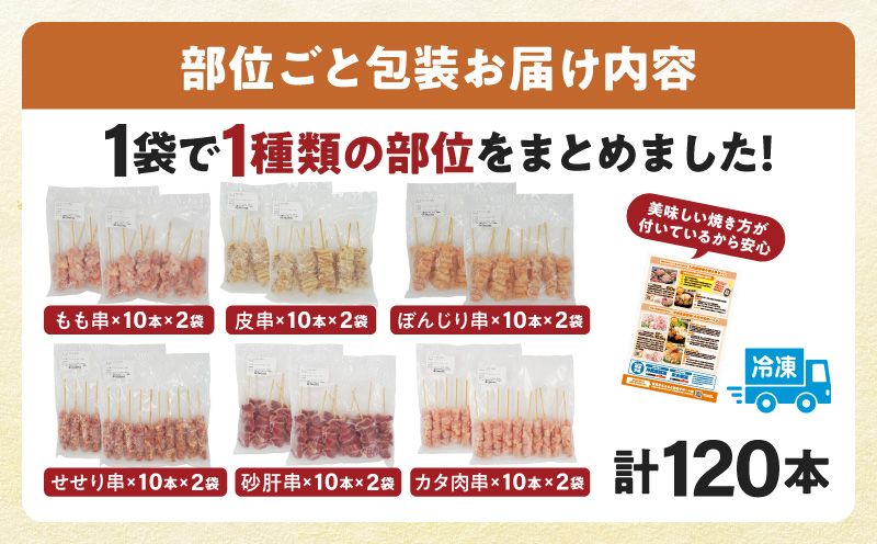 若鶏の焼き鳥セット6種(120本)盛り合わせ 焼き鳥 もも串 皮串 砂肝 カタ肉 ぼんじり せせり 冷凍 鶏 とり肉_M146-001-01