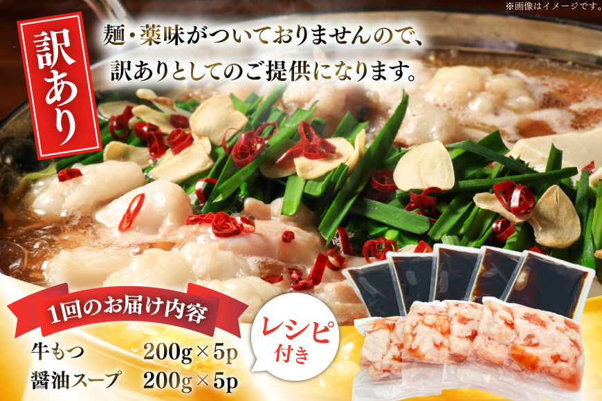 【3回定期便】 もつ鍋 訳あり 博多 醤油もつ鍋 10人前 2人前 × 5セット 3回 定期便 総計30人前 [MEAT PLUS 福岡県 宇美町 um40azp010046] もつ 鍋 モツ鍋 スー