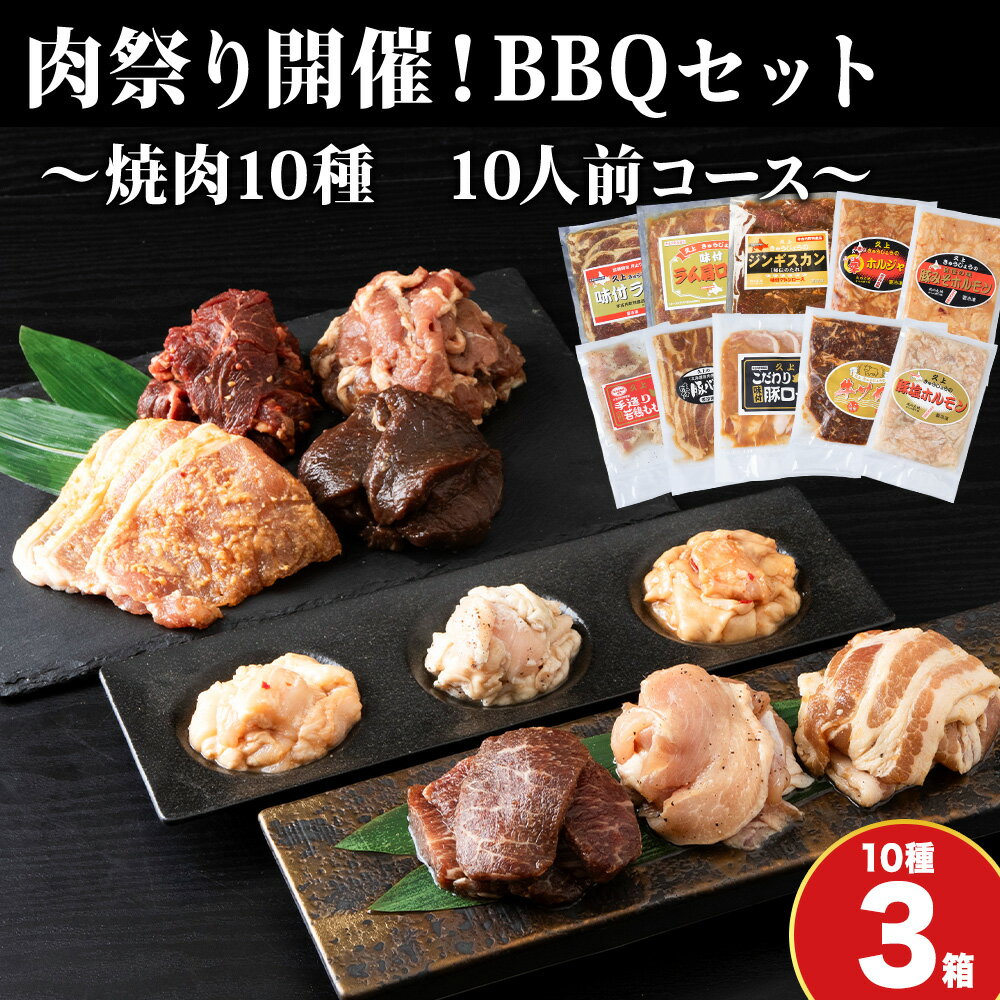 【ふるさと納税】肉祭り開催！BBQセット 〜焼肉10種 10人前コース〜 3箱セット お肉 牛肉 焼肉 バーベキュー 味付き 鹿肉 ジビエ 羊肉 鶏肉 えぞ鹿 ホルモン マトン ロース 若鶏 もも肉 豚バラ 豚ロース 牛サガリ ラム 北海道ふるさと納税 木古内町 ふるさと納税 北海道