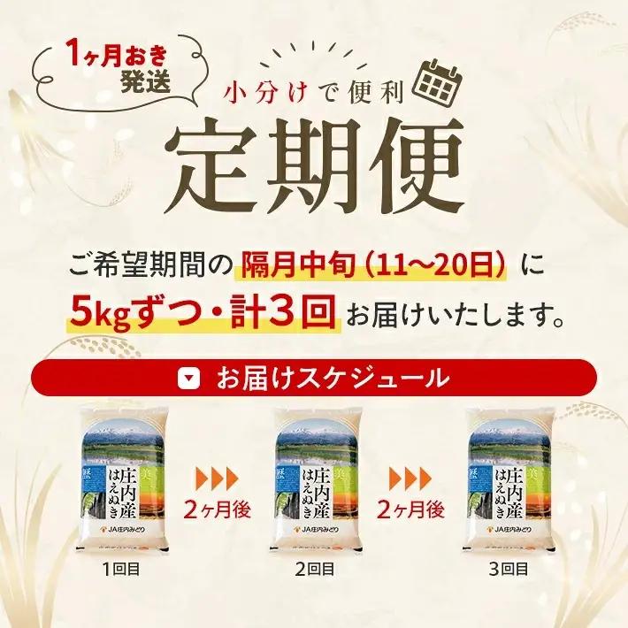 ≪新米予約≫ ≪隔月3回定期便≫ はえぬき 5kg×3回 (12月～隔月3回) 計15kg 山形県庄内産 隔月で中旬頃お届け JA 農協 産地直送 精米 白米 庄内米 東北 遊佐町 [1670T12]