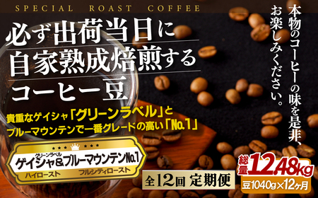 必ず出荷日に自家熟成焙煎ゲイシャ豆(640g)･ブルーマウンテン№.1豆(400g)【12回定期便】