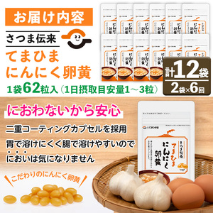 No.1278-B ＜定期便・全6回(隔月)＞てまひま にんにく卵黄(1袋 62粒入・2袋×6回) 鹿児島 日置市 ニンニク 健康食品 栄養 元気 有精卵 カプセル 安全安心 選べる 定期便 頒布会 