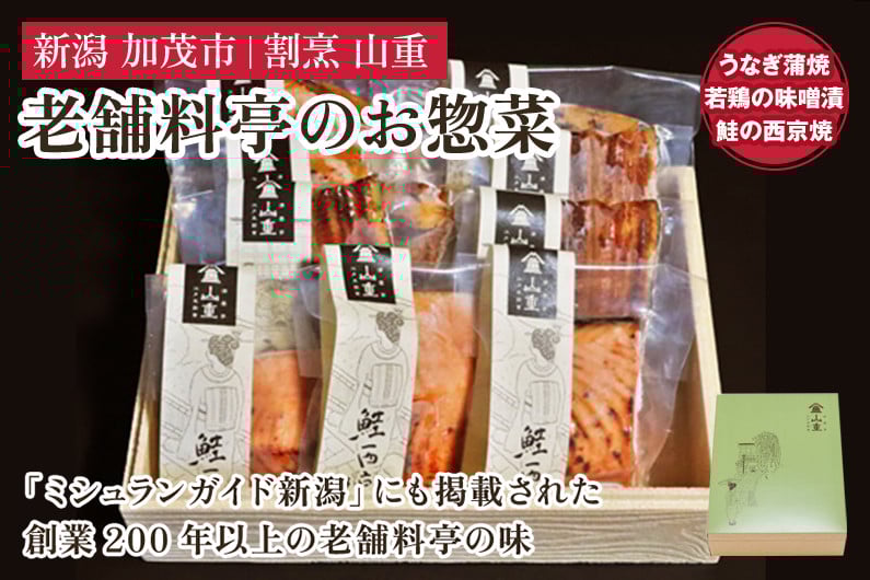 
            老舗料亭「山重」惣菜ギフトセット Aセット 【3種9袋入】 《うなぎ蒲焼×3 若鶏味噌漬炙焼×3 鮭西京焼×3》 北越の小京都・加茂の老舗料亭 伝統の味 割烹 惣菜 ギフトセット 贈答用 化粧箱入り うなぎ 鮭 鶏肉 加茂市 山重
          
