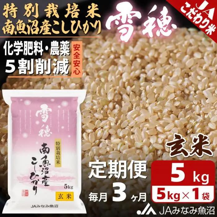 【JAみなみ魚沼定期便】特別栽培米南魚沼産こしひかり「雪穂」玄米（5kg×全3回）｜こしひかり