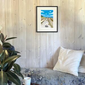 湘南・茅ヶ崎で描く、海を感じるイラストアート 『 湘南ランドスケープ12：茅ヶ崎から江ノ島へ、湘南サイクリングロード 』 ジークレーアートフレーム （大/木地仕上げ） /絵画 風景 版画