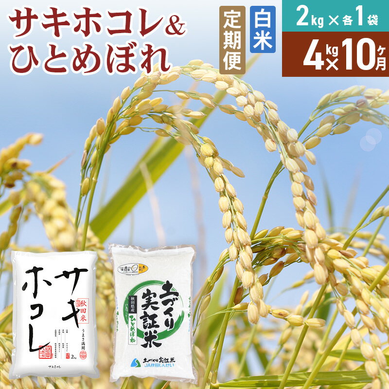 【ふるさと納税】《定期便10ヶ月》【白米】令和7年産 サキホコレ2kg・土づくり実証米ひとめぼれ2kg (計4kg) ×10回 計40kg 精米 特A評価米 秋田県産