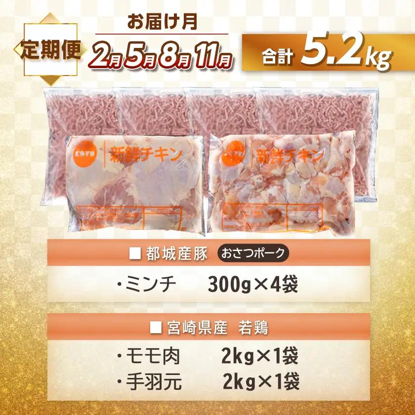 大容量！5回お届け！「おさつポーク」と宮崎県産若鶏定期便〔T85（5）-1404〕_(都城市) 毎月 5回お届け おさつポーク 豚肉 県産若鶏 鶏肉 業務用 毎回5kg以上 冷凍