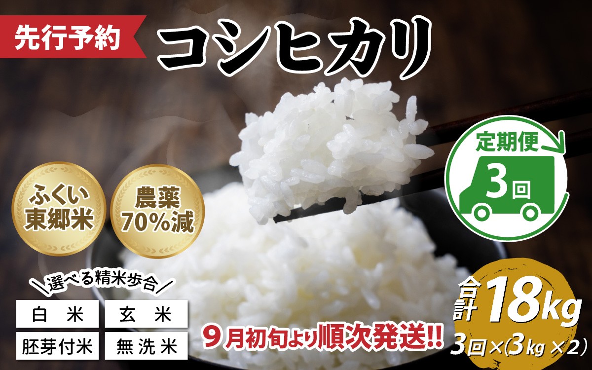 
                  【先行予約】【定期便3ヶ月連続】令和8年産 新米 ふくい東郷米 特別栽培米　農薬70％減コシヒカリ 6kg(3kg×2袋)×3ヶ月　合計18kg「2026年9月初旬より順次発送」 [E-020021]
                