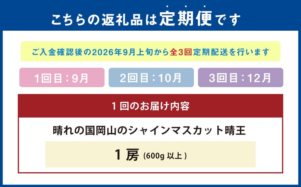 晴れの国岡山のシャインマスカット晴王各回1房約600g以上化粧箱入り